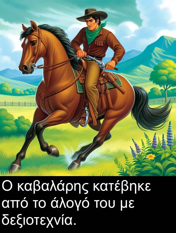 δεξιοτεχνία: Ο καβαλάρης κατέβηκε από το άλογό του με δεξιοτεχνία.