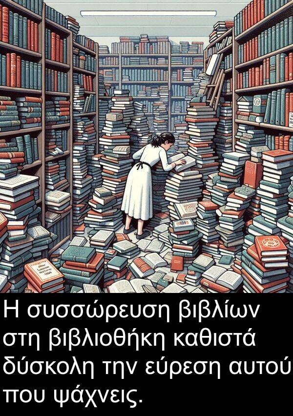 ψάχνεις: Η συσσώρευση βιβλίων στη βιβλιοθήκη καθιστά δύσκολη την εύρεση αυτού που ψάχνεις.