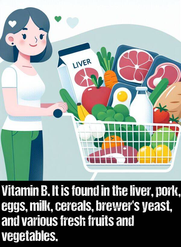 various: Vitamin B. It is found in the liver, pork, eggs, milk, cereals, brewer's yeast, and various fresh fruits and vegetables.