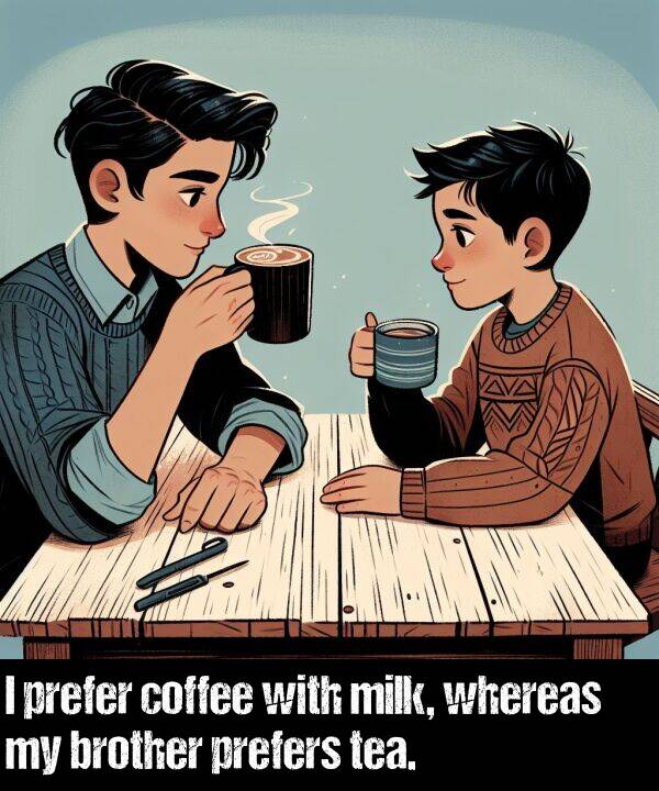 whereas: I prefer coffee with milk, whereas my brother prefers tea.