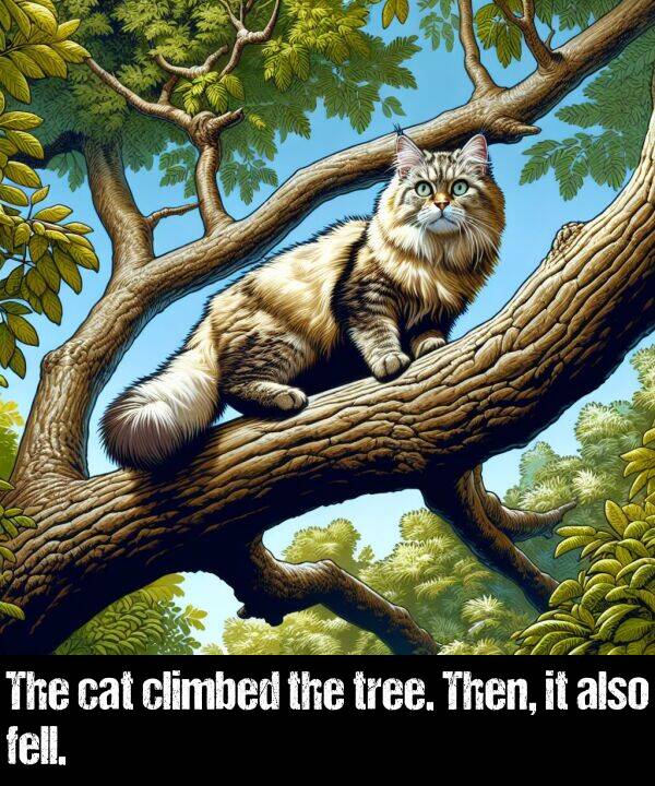 tree: The cat climbed the tree. Then, it also fell.