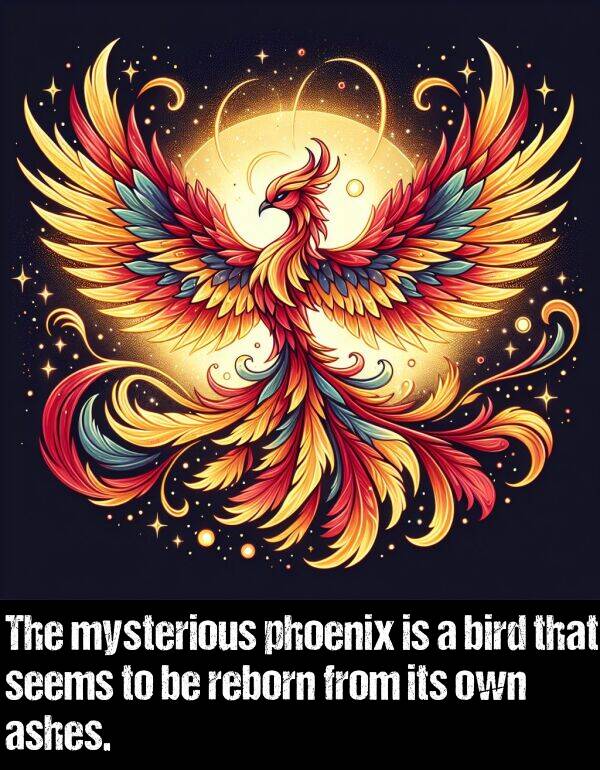 own: The mysterious phoenix is a bird that seems to be reborn from its own ashes.