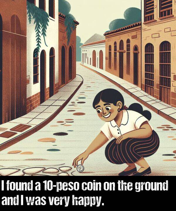 found: I found a 10-peso coin on the ground and I was very happy.