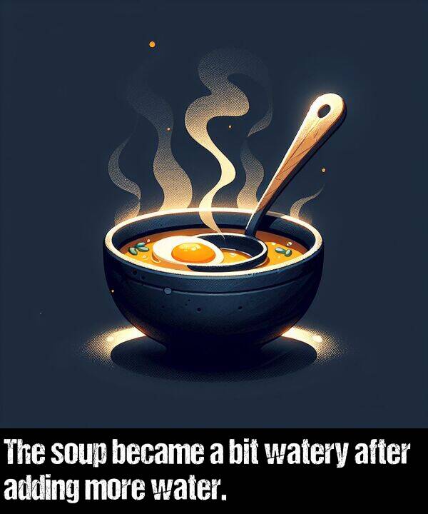 bit: The soup became a bit watery after adding more water.