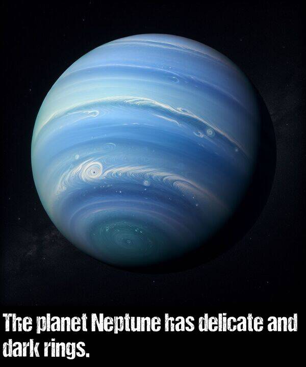 has: The planet Neptune has delicate and dark rings.