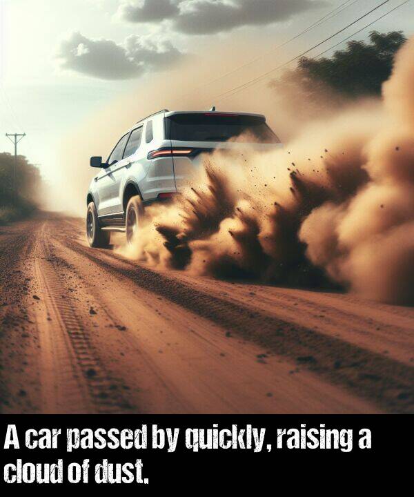 dust: A car passed by quickly, raising a cloud of dust.