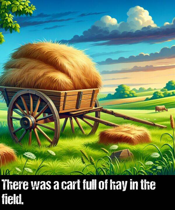 hay: There was a cart full of hay in the field.