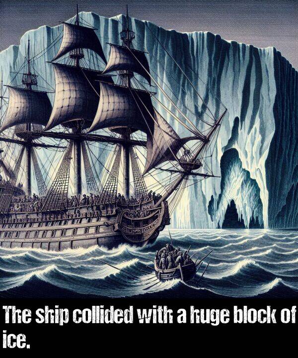 with: The ship collided with a huge block of ice.