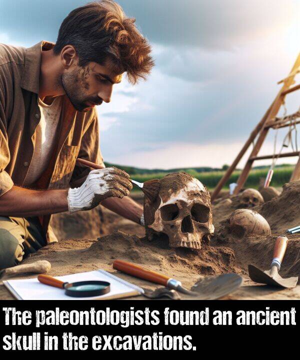 found: The paleontologists found an ancient skull in the excavations.