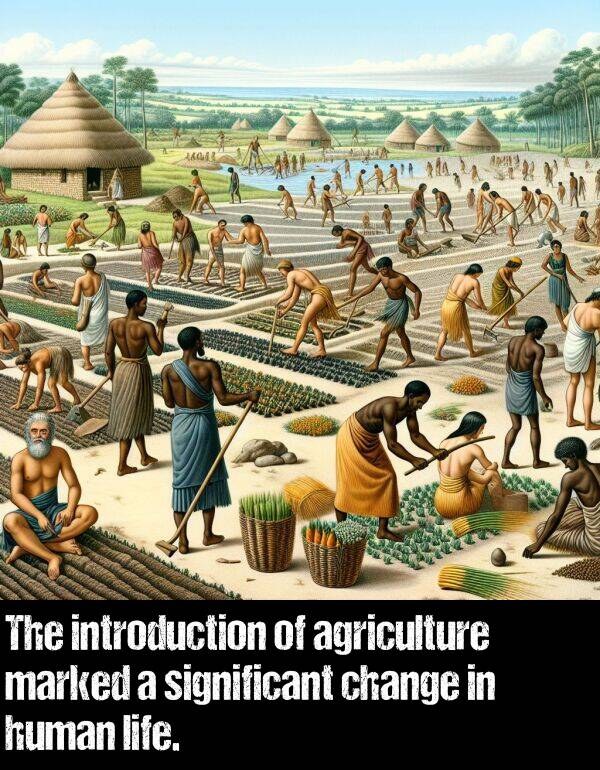 change: The introduction of agriculture marked a significant change in human life.