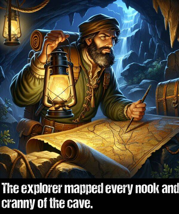 every: The explorer mapped every nook and cranny of the cave.