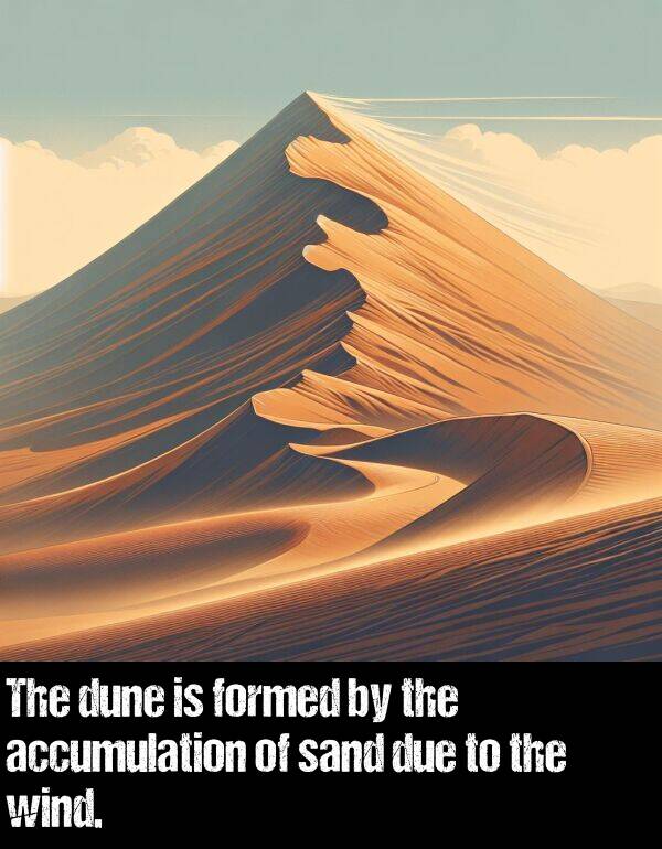 due: The dune is formed by the accumulation of sand due to the wind.