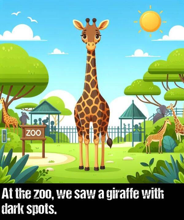 giraffe: At the zoo, we saw a giraffe with dark spots.