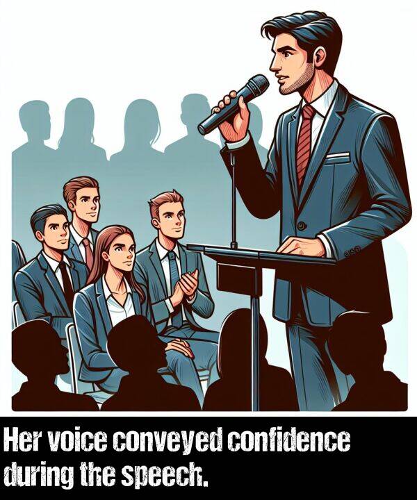 during: Her voice conveyed confidence during the speech.