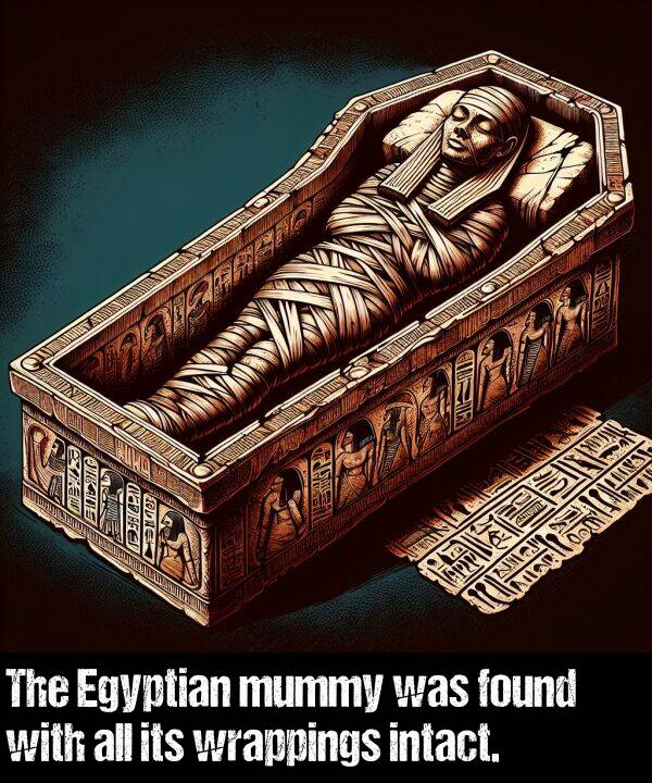 found: The Egyptian mummy was found with all its wrappings intact.