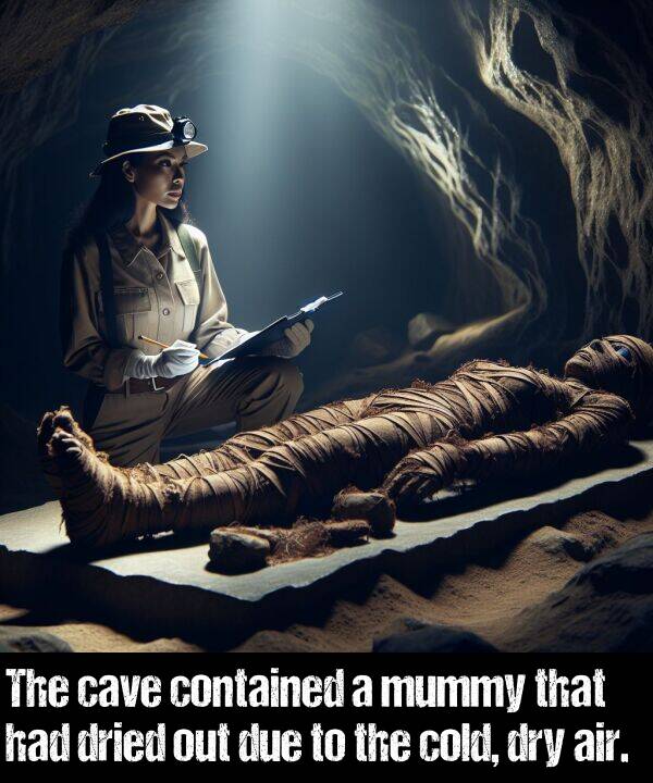 dry: The cave contained a mummy that had dried out due to the cold, dry air.