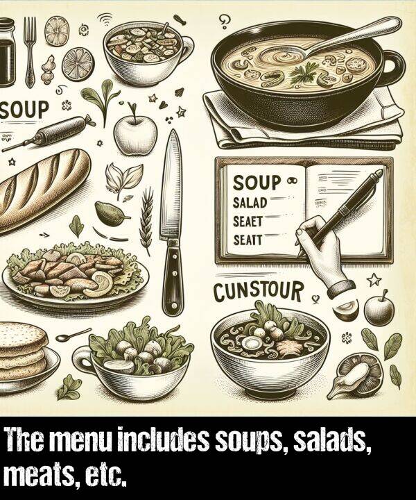 includes: The menu includes soups, salads, meats, etc.