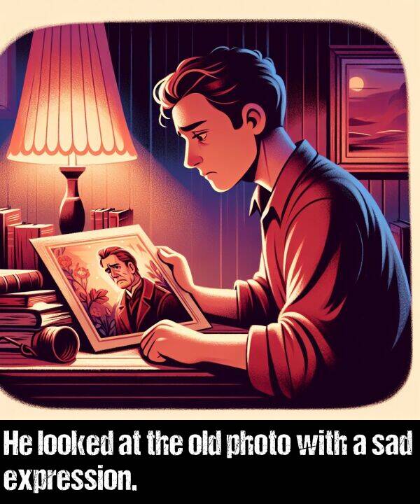 looked: He looked at the old photo with a sad expression.