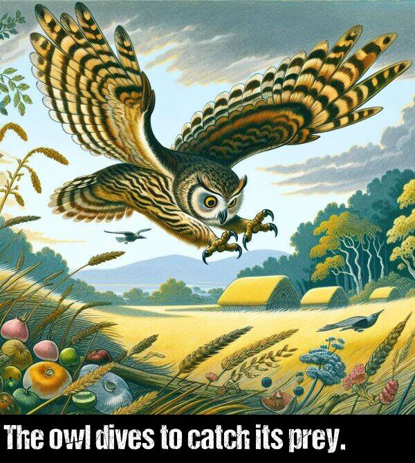 owl: The owl dives to catch its prey.