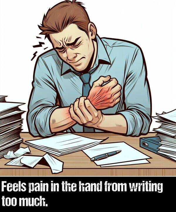 much: Feels pain in the hand from writing too much.