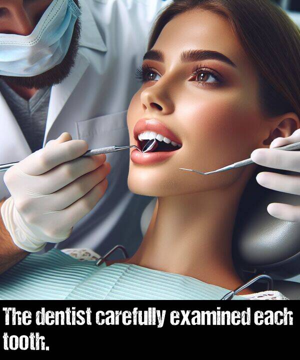 dentist: The dentist carefully examined each tooth.