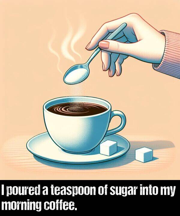 into: I poured a teaspoon of sugar into my morning coffee.