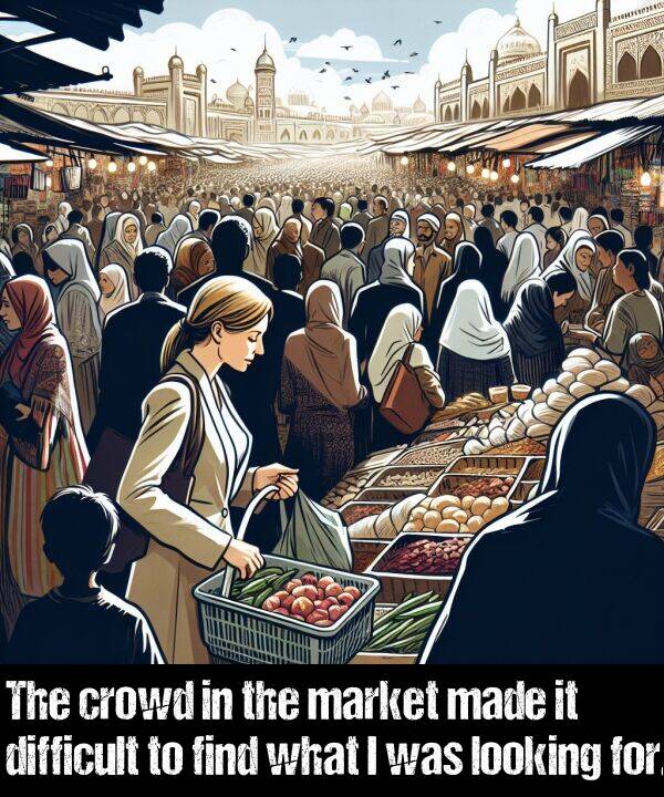 find: The crowd in the market made it difficult to find what I was looking for.