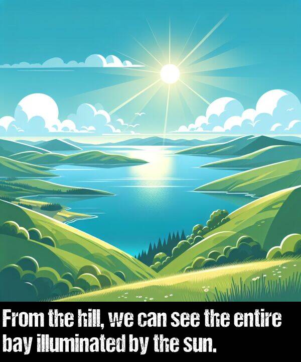 entire: From the hill, we can see the entire bay illuminated by the sun.