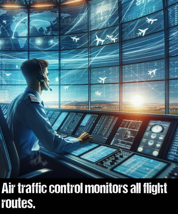 traffic: Air traffic control monitors all flight routes.