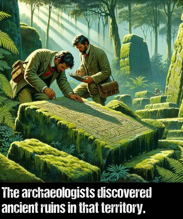 discovered: The archaeologists discovered ancient ruins in that territory.