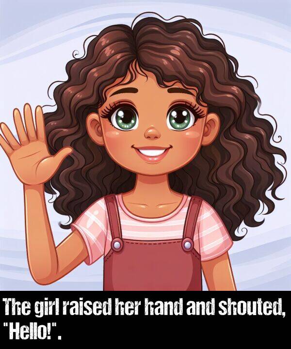 hand: The girl raised her hand and shouted, "Hello!".