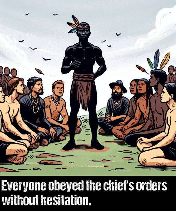 hesitation: Everyone obeyed the chief's orders without hesitation.