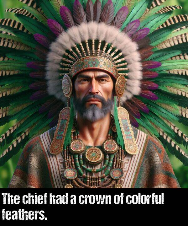 chief: The chief had a crown of colorful feathers.