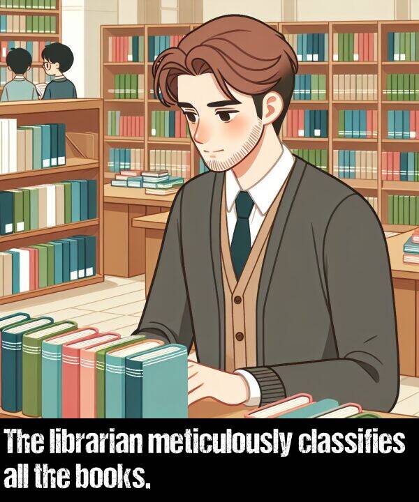 books: The librarian meticulously classifies all the books.