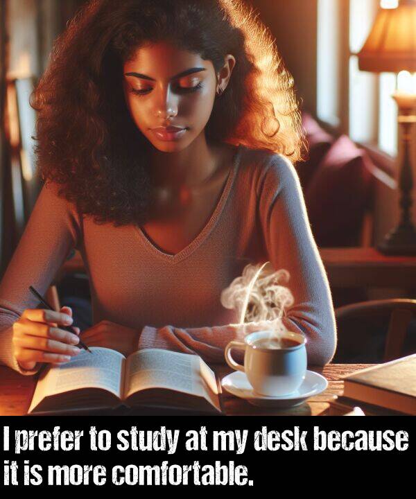 more: I prefer to study at my desk because it is more comfortable.