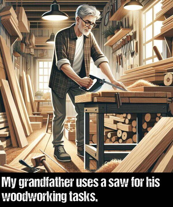 uses: My grandfather uses a saw for his woodworking tasks.