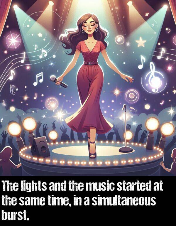 music: The lights and the music started at the same time, in a simultaneous burst.