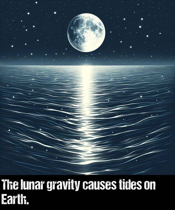 causes: The lunar gravity causes tides on Earth.