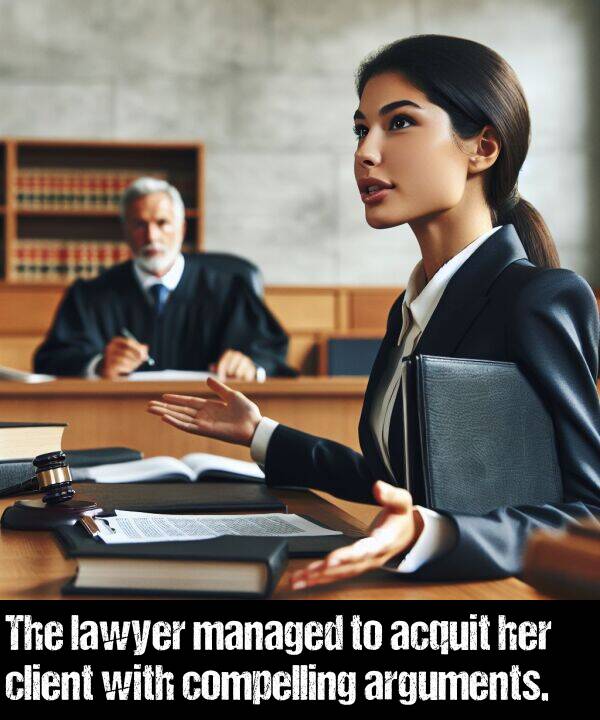 arguments: The lawyer managed to acquit her client with compelling arguments.