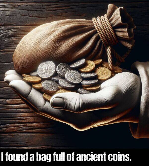 found: I found a bag full of ancient coins.