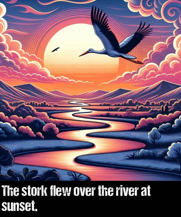 over: The stork flew over the river at sunset.