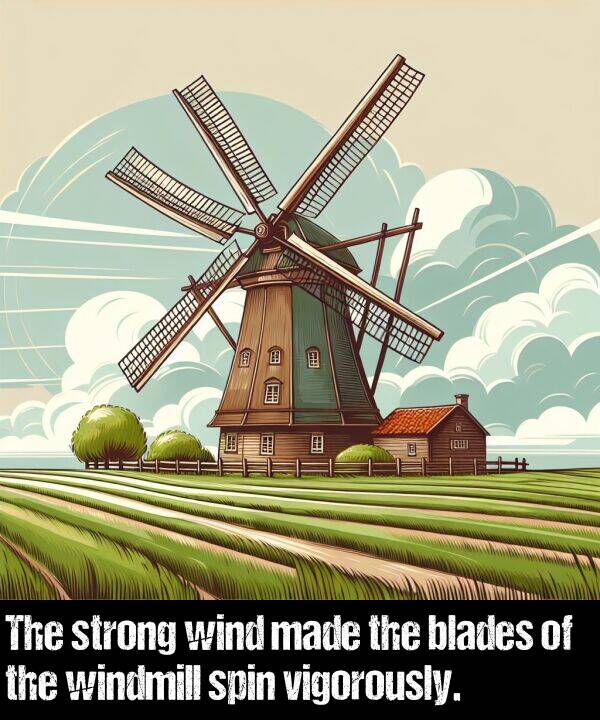 blades: The strong wind made the blades of the windmill spin vigorously.