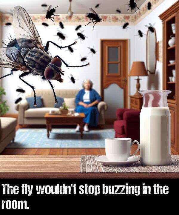 stop: The fly wouldn't stop buzzing in the room.