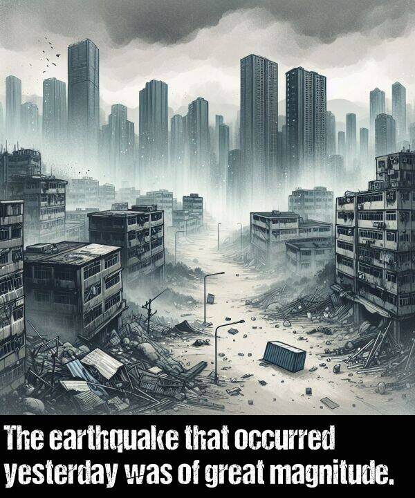 occurred: The earthquake that occurred yesterday was of great magnitude.