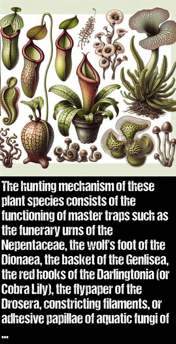 mechanism: The hunting mechanism of these plant species consists of the functioning of master traps such as the funerary urns of the Nepentaceae, the wolf's foot of the Dionaea, the basket of the Genlisea, the red hooks of the Darlingtonia (or Cobra Lily), the flypaper of the Drosera, constricting filaments, or adhesive papillae of aquatic fungi of the Zoophagous type.