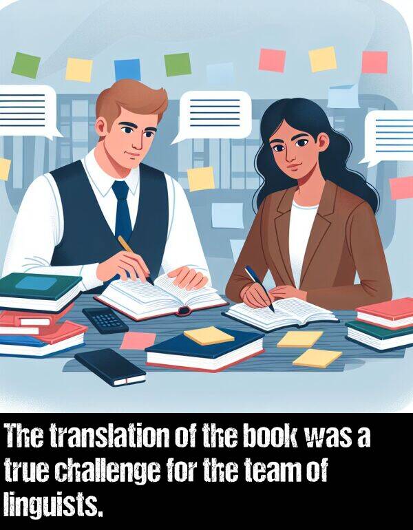 book: The translation of the book was a true challenge for the team of linguists.