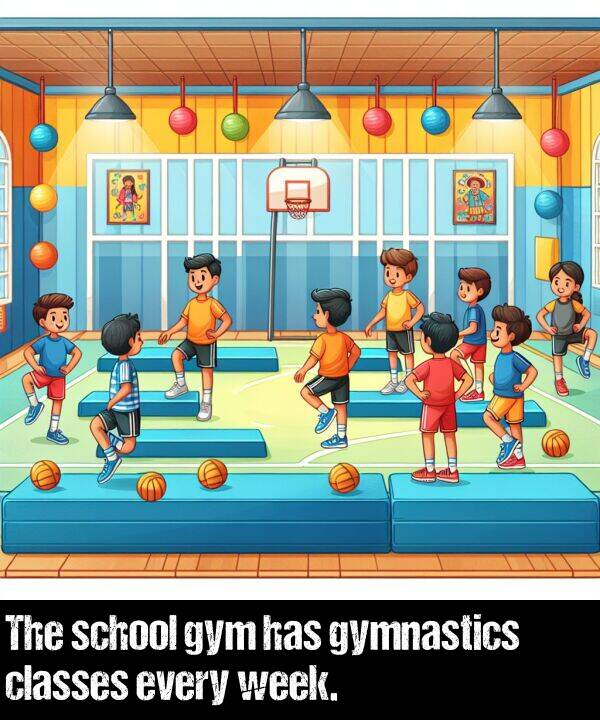 every: The school gym has gymnastics classes every week.