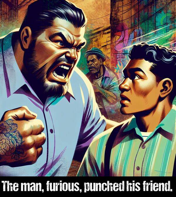 his: The man, furious, punched his friend.