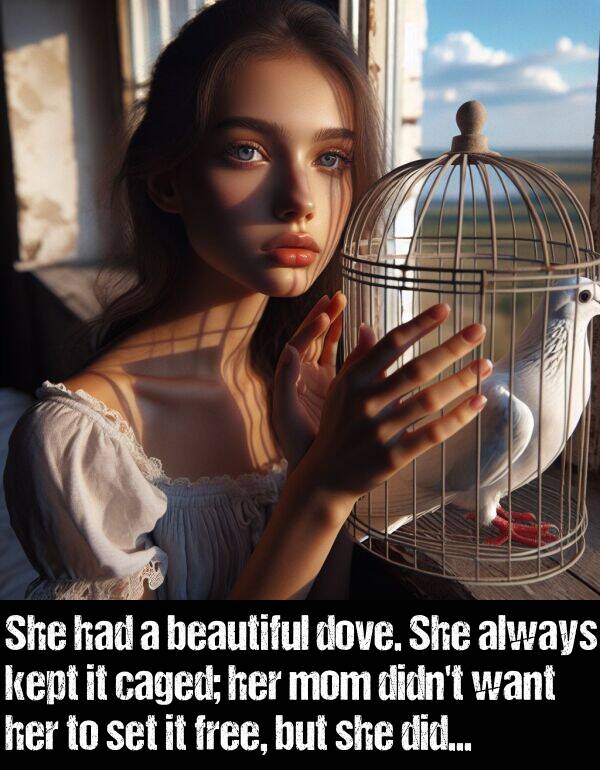 set: She had a beautiful dove. She always kept it caged; her mom didn't want her to set it free, but she did...