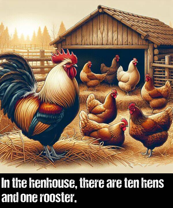 there: In the henhouse, there are ten hens and one rooster.